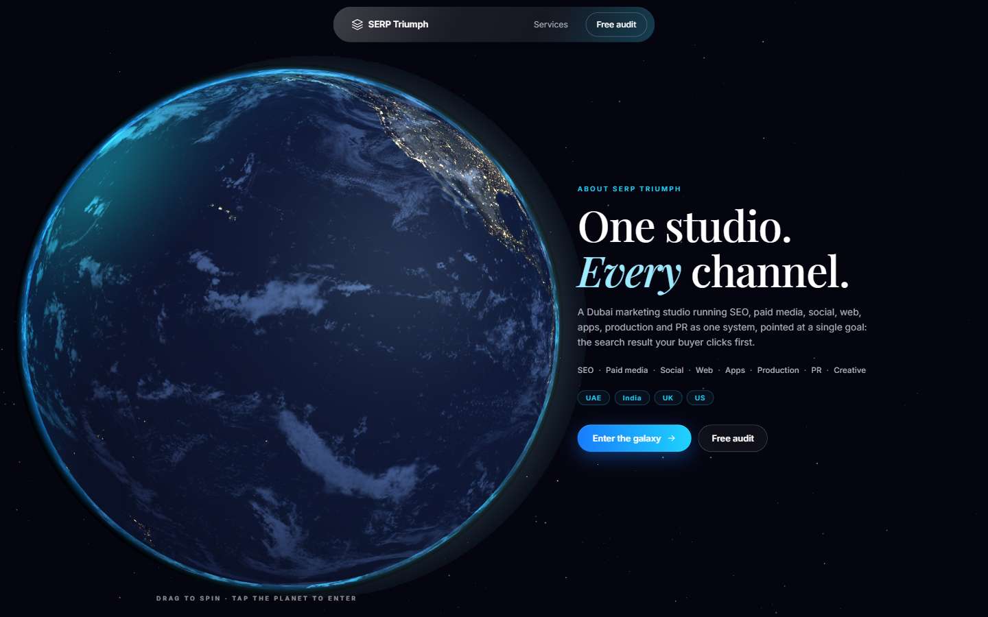 Published SERP Triumph homepage with an enlarged Earth beside the studio introduction