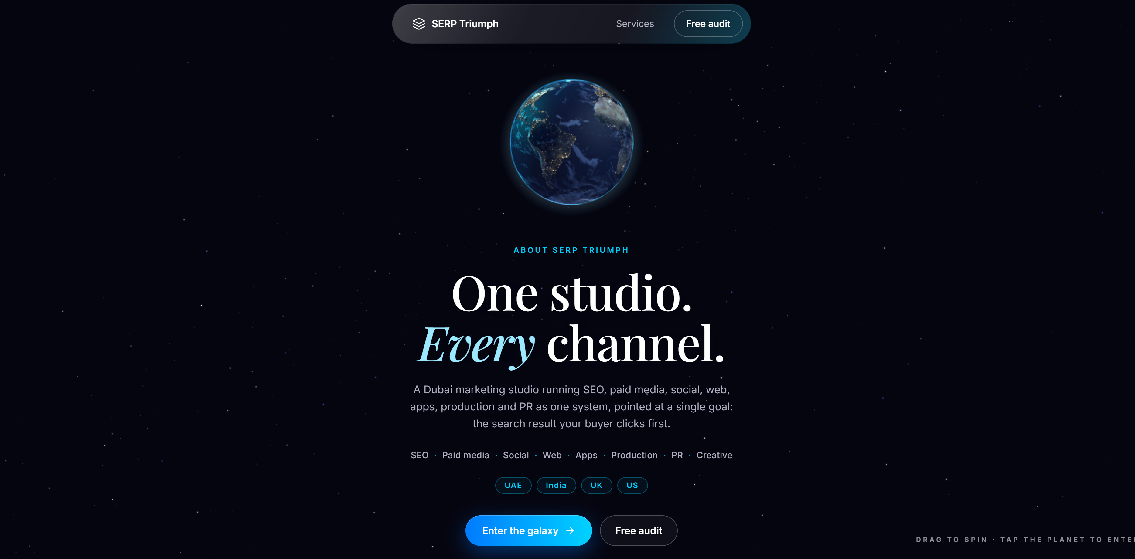 Earlier SERP Triumph homepage with a small Earth above the studio introduction